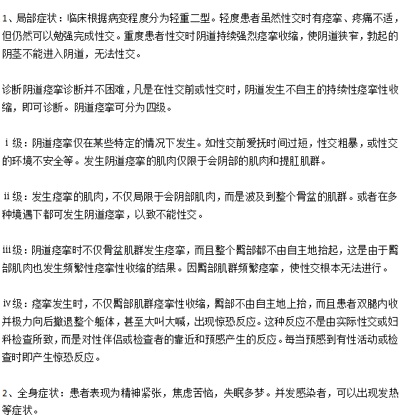 臨床上陰道痙攣的主要癥狀有哪些？