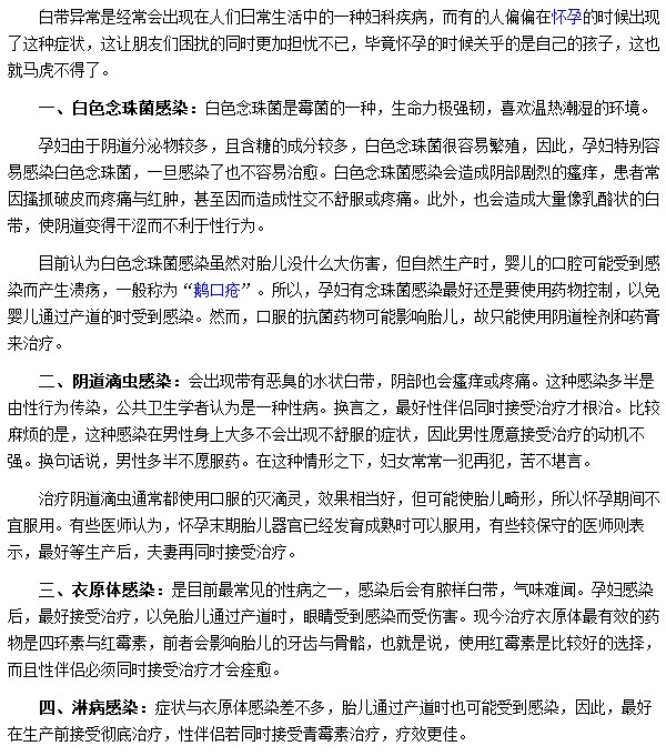 孕婦白帶異?？赡苁且?yàn)殛幍赖蜗x感染|白色念珠菌感染等
