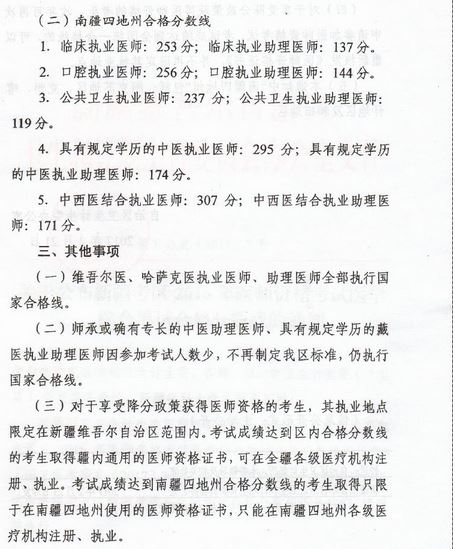新疆地區(qū)2016年醫(yī)師資格考試合格分數(shù)線