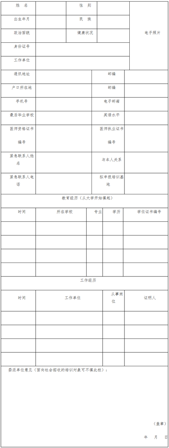 2018年河南省中醫(yī)住院醫(yī)師規(guī)范化培訓報名表
