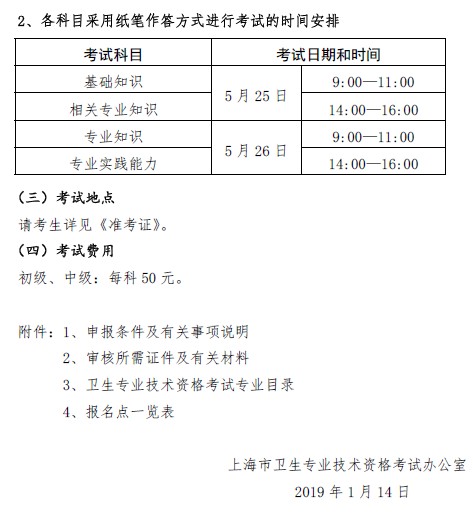 上?？键c2019年衛(wèi)生資格考試時間