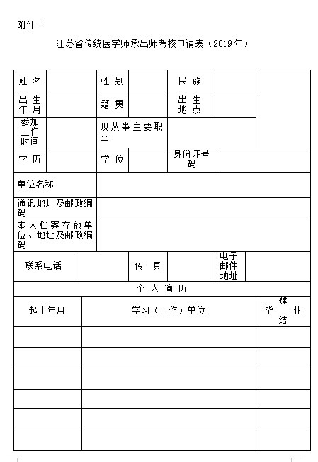 江蘇省傳統(tǒng)醫(yī)學師承出師考核申請表（2019年）