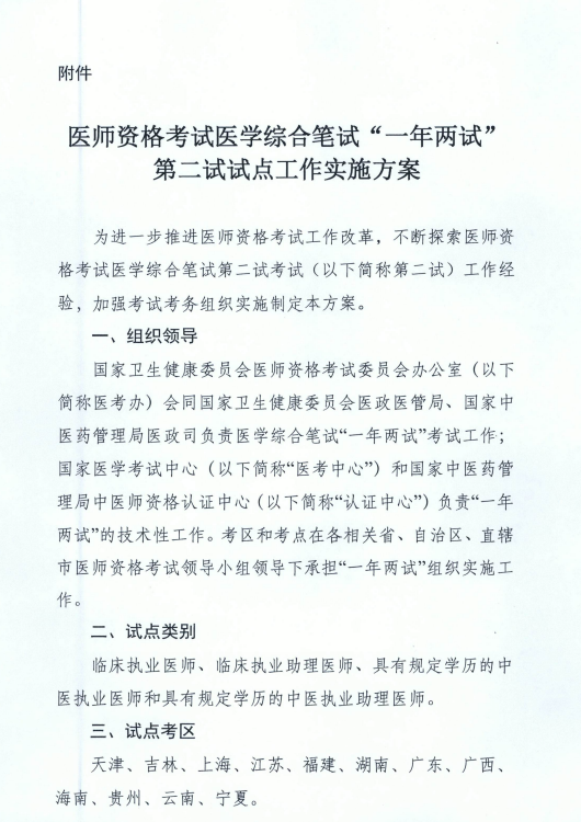 國家衛(wèi)健委關于在天津等12個考區(qū)開展“一年兩試”試點工作的通知！