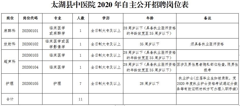 太湖縣中醫(yī)院（安徽?。?020自主公開招聘醫(yī)療崗崗位計(jì)劃表