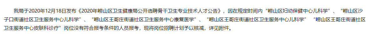 2020年青島嶗山區(qū)衛(wèi)健局（山東?。┕_選聘骨干衛(wèi)生專業(yè)技術(shù)人才核減部分招聘計劃