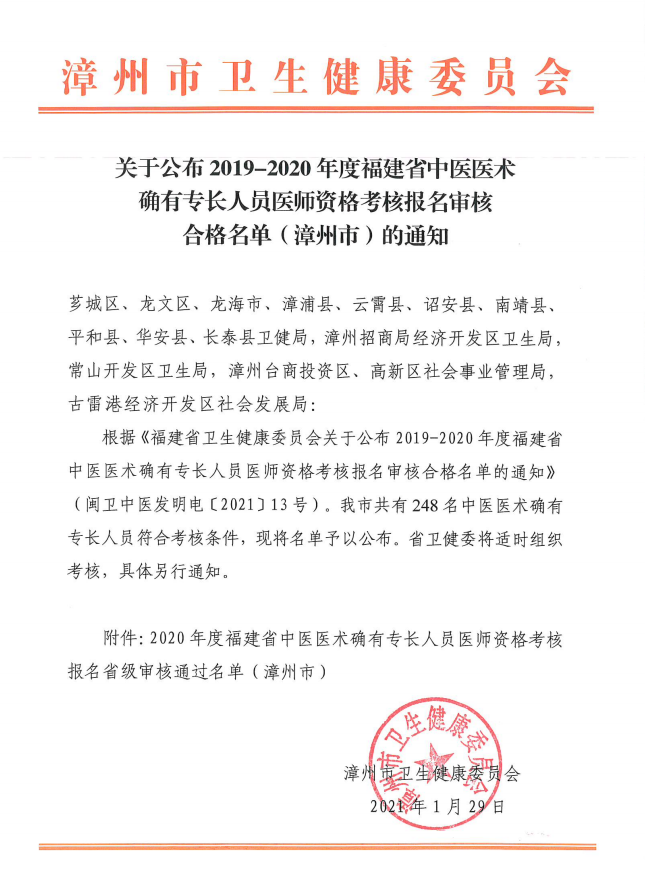2020年度福建省中醫(yī)醫(yī)術確有專長人員醫(yī)師資格考核報名省級審核通過名單（漳州市）