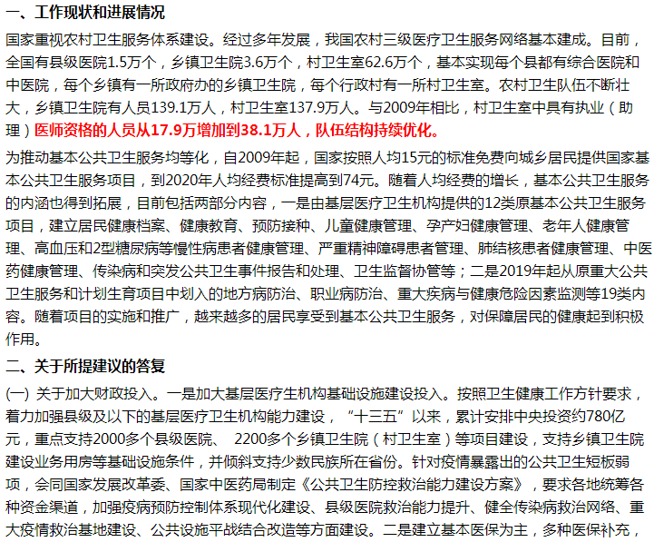 國家關(guān)于加強(qiáng)鄉(xiāng)村公共衛(wèi)生服務(wù)體系建設(shè)的建議答復(fù)！