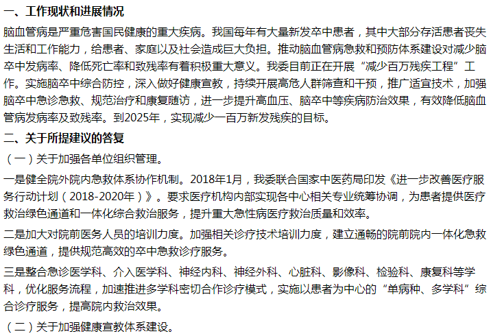 國家衛(wèi)健委關(guān)于加強腦卒中急救體系建設(shè)的建議答復(fù)！
