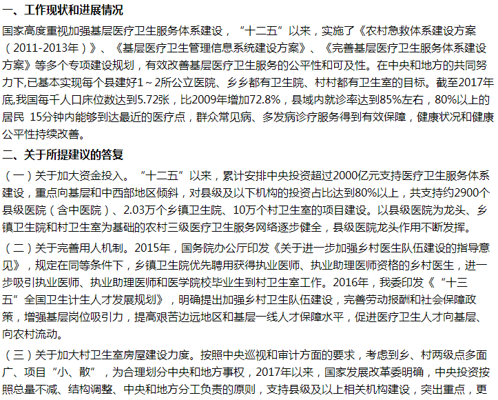 國家衛(wèi)健委關(guān)于提升農(nóng)村醫(yī)療服務(wù)能力的建議答復(fù)！